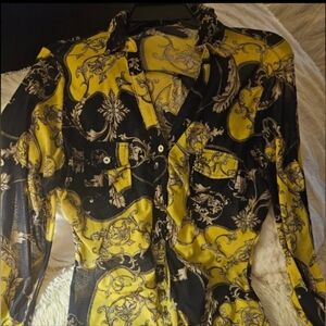 New York and Company Paisley Black Yellow Button-up Blouse